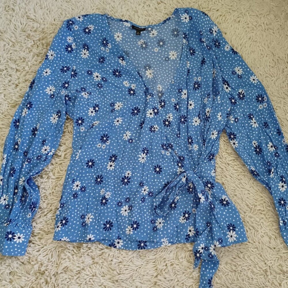 Talbots Blue Wrap Blouse Floral Polka Dot Boho XL Long Sleeve Tie Waist V-Neck